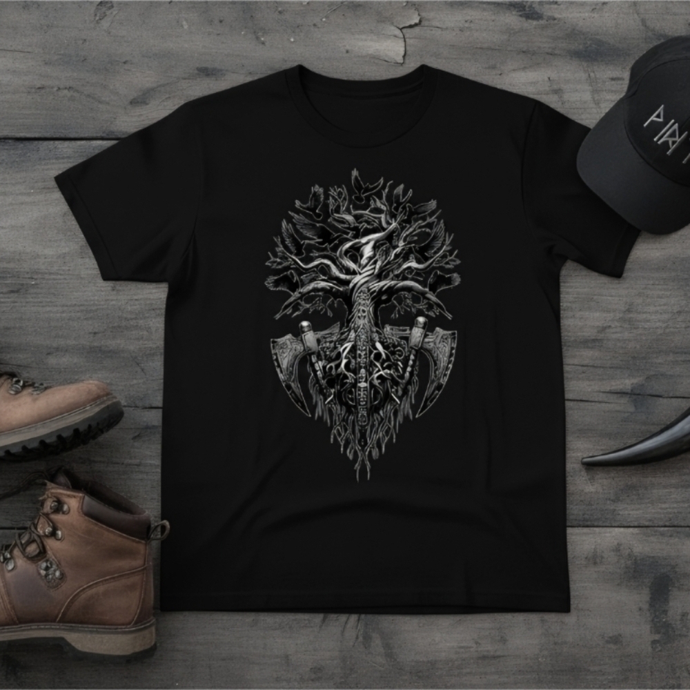 Viking Yggdrasil Tree Shirt • Norse Raven Axe Tee • Nordic Warrior Graphic - Picture 2 of 13